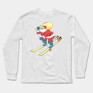 two funny dogs travel on Santa Claus's skis at full speed towards merry Christmas in the snow Retro Vintage Comic Cartoon Long Sleeve T-Shirt